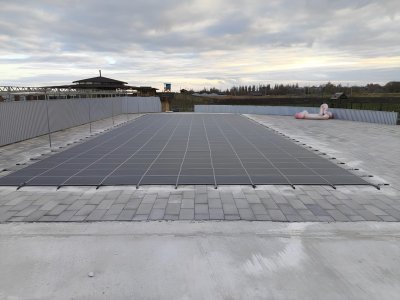 Солнечные панели на серой плиточной поверхности с ограждениями и деревьями